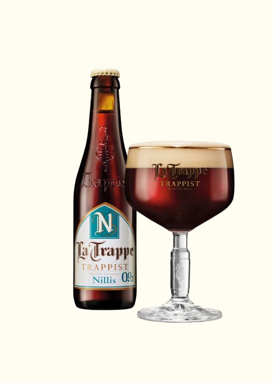 La Trappe Nillis 0.0% bottle with filled glass